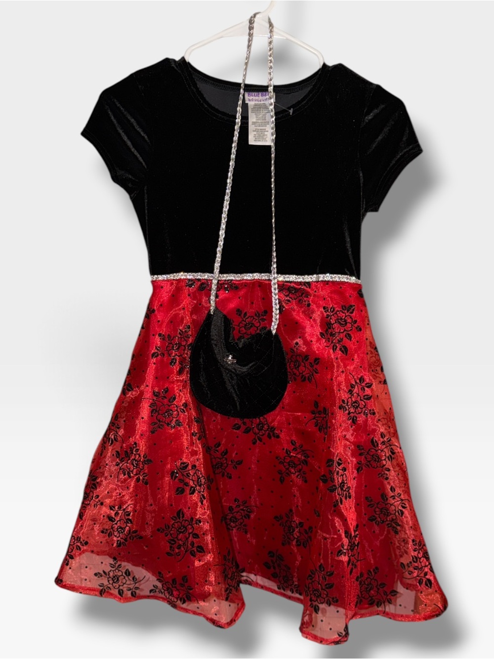 Blueberi Boulevard Black and Red Velvet Floral Party Dress with Purse